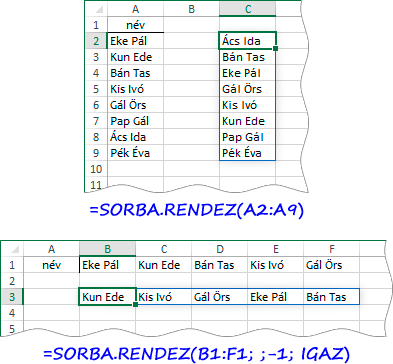 a SORBA:RENDEZ függvény vektoros alkalmazása